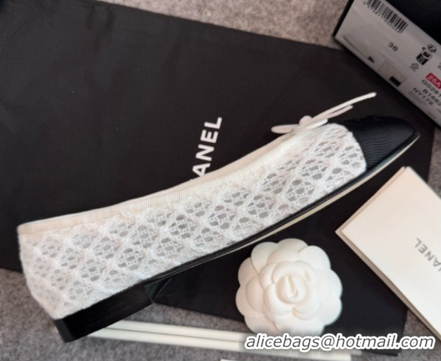 Top Grade Chanel Embroidered Mesh & Grosgrain Ballet Flats G02819 White