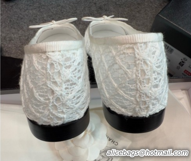 Top Grade Chanel Embroidered Mesh & Grosgrain Ballet Flats G02819 White