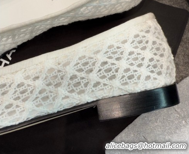 Top Grade Chanel Embroidered Mesh & Grosgrain Ballet Flats G02819 White