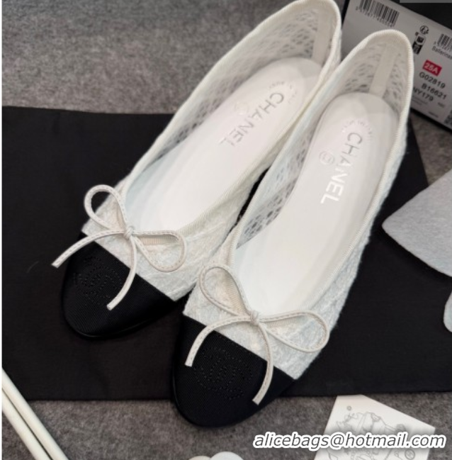 Top Grade Chanel Embroidered Mesh & Grosgrain Ballet Flats G02819 White