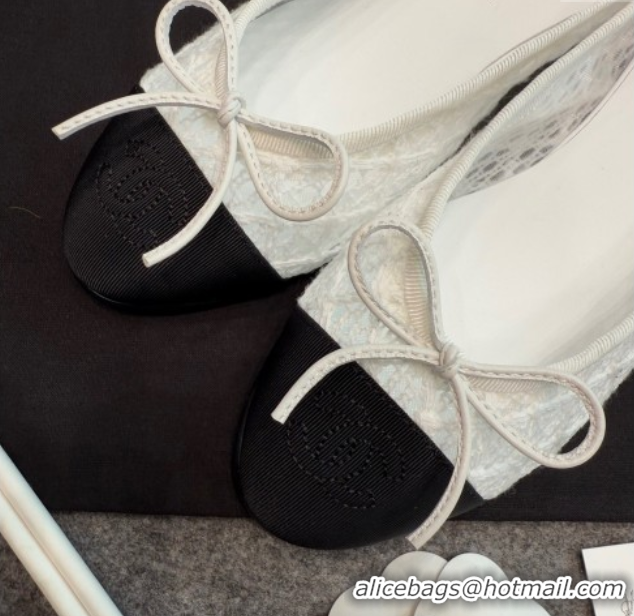 Top Grade Chanel Embroidered Mesh & Grosgrain Ballet Flats G02819 White