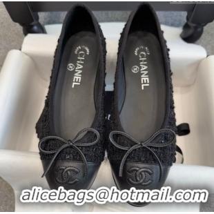 Luxurious Chanel Tweed & Leather Ballet Flats G02819 Black