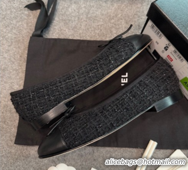 Luxurious Chanel Tweed & Leather Ballet Flats G02819 Black