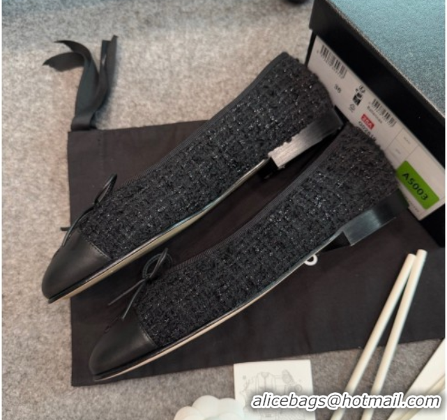 Luxurious Chanel Tweed & Leather Ballet Flats G02819 Black