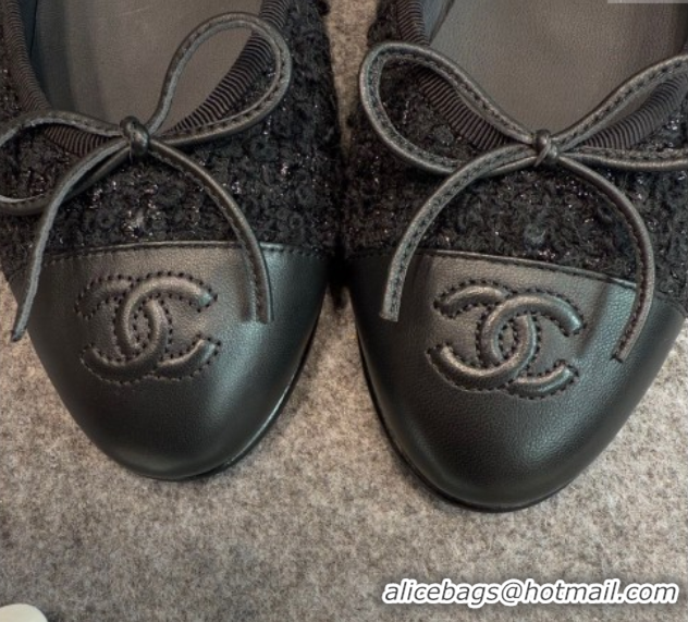Luxurious Chanel Tweed & Leather Ballet Flats G02819 Black