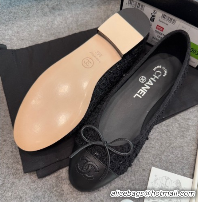 Luxurious Chanel Tweed & Leather Ballet Flats G02819 Black