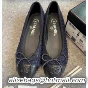 Unique Style Chanel Tweed & Leather Ballet Flats G02819 Navy Blue