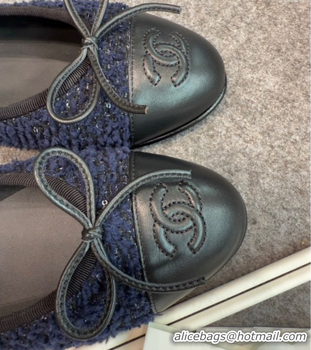 Unique Style Chanel Tweed & Leather Ballet Flats G02819 Navy Blue