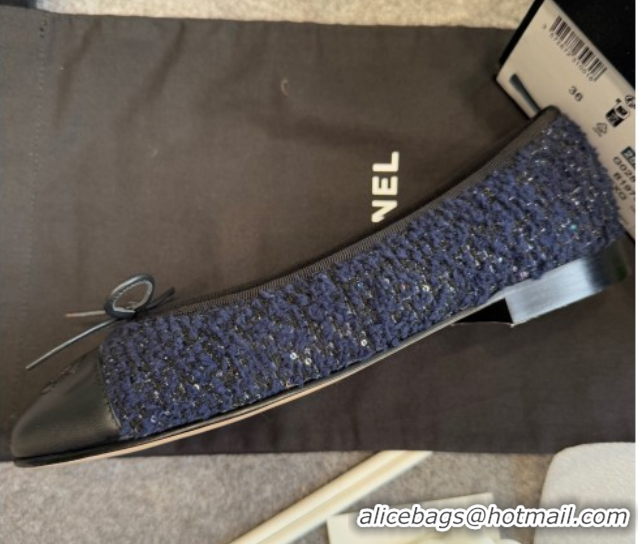 Unique Style Chanel Tweed & Leather Ballet Flats G02819 Navy Blue