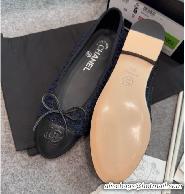 Unique Style Chanel Tweed & Leather Ballet Flats G02819 Navy Blue