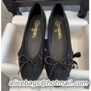Good Quality Chanel Tweed & Grosgrain Ballet Flats G02819 Black/Sequins