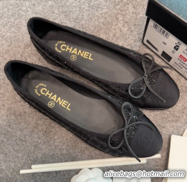 Good Quality Chanel Tweed & Grosgrain Ballet Flats G02819 Black/Sequins