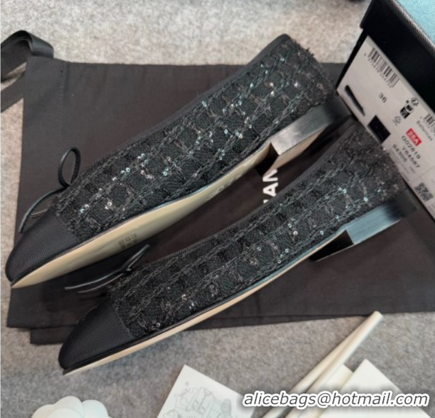 Good Quality Chanel Tweed & Grosgrain Ballet Flats G02819 Black/Sequins