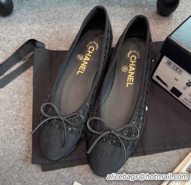 Good Quality Chanel Tweed & Grosgrain Ballet Flats G02819 Black/Sequins
