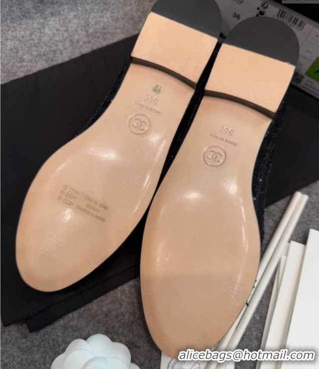 Good Quality Chanel Tweed & Grosgrain Ballet Flats G02819 Black/Sequins