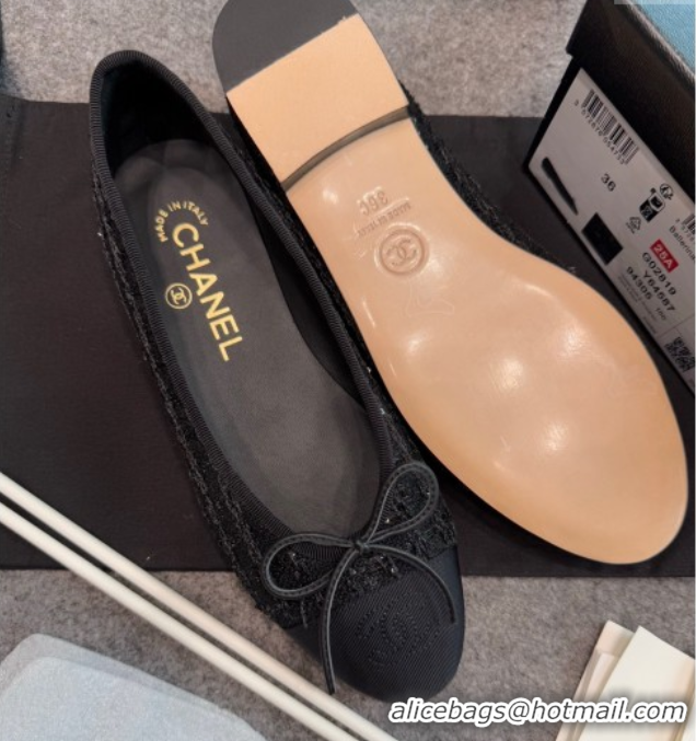 Good Quality Chanel Tweed & Grosgrain Ballet Flats G02819 Black/Sequins