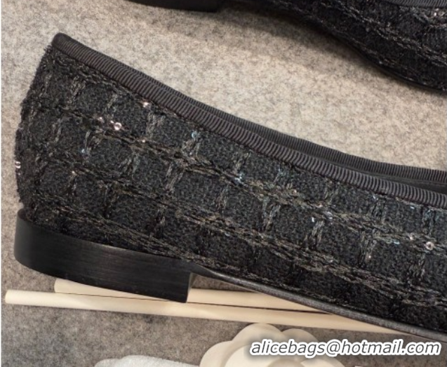 Good Quality Chanel Tweed & Grosgrain Ballet Flats G02819 Black/Sequins