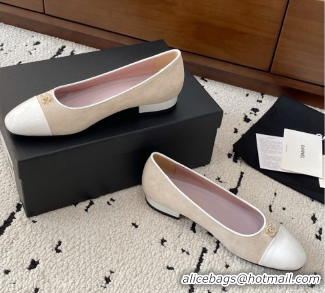 Good Product Chanel Suede & White Patent Leather Ballet Flats Beige 2025 CH071401