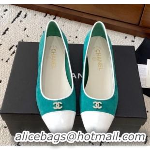 Pretty Style Chanel Suede & White Patent Leather Ballet Flats Green 2025 CH071401