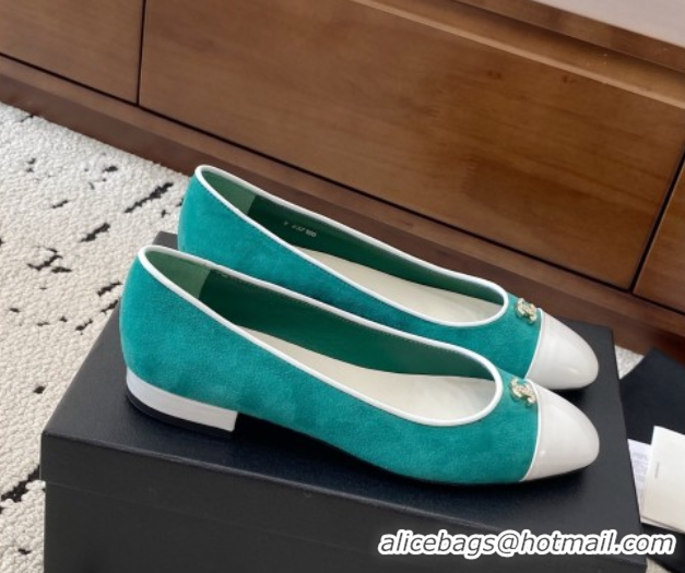 Pretty Style Chanel Suede & White Patent Leather Ballet Flats Green 2025 CH071401