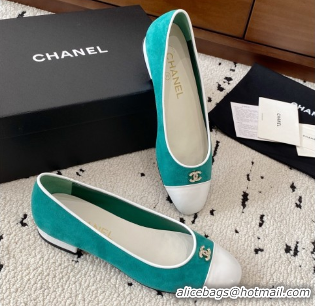 Pretty Style Chanel Suede & White Patent Leather Ballet Flats Green 2025 CH071401