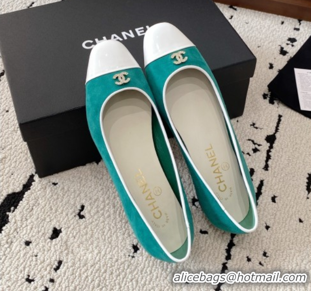 Pretty Style Chanel Suede & White Patent Leather Ballet Flats Green 2025 CH071401