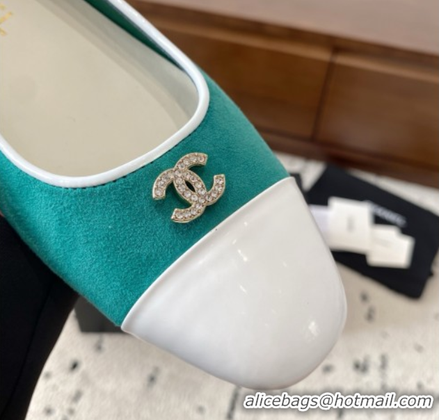 Pretty Style Chanel Suede & White Patent Leather Ballet Flats Green 2025 CH071401