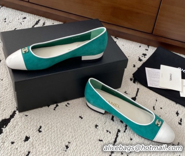 Pretty Style Chanel Suede & White Patent Leather Ballet Flats Green 2025 CH071401