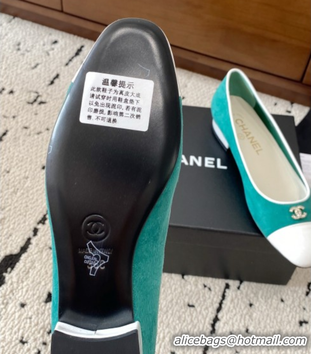 Pretty Style Chanel Suede & White Patent Leather Ballet Flats Green 2025 CH071401