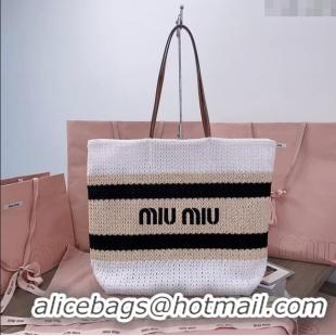 Cheapest Miu Miu Crochet Fabric Tote Bag 5BG228 White/Black 2025
