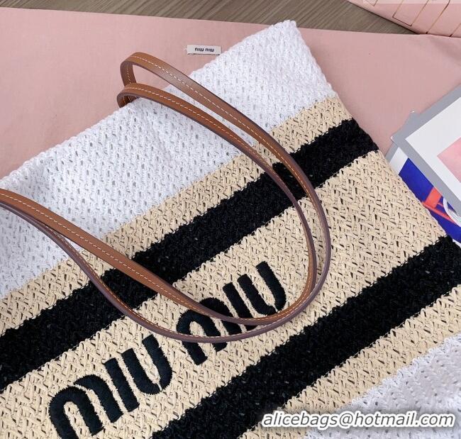 Cheapest Miu Miu Crochet Fabric Tote Bag 5BG228 White/Black 2025