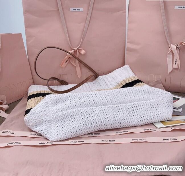 Cheapest Miu Miu Crochet Fabric Tote Bag 5BG228 White/Black 2025
