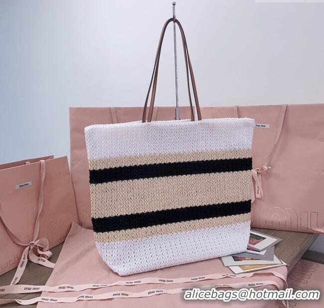 Cheapest Miu Miu Crochet Fabric Tote Bag 5BG228 White/Black 2025