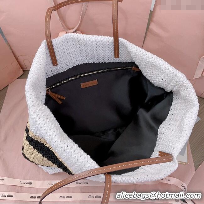 Cheapest Miu Miu Crochet Fabric Tote Bag 5BG228 White/Black 2025