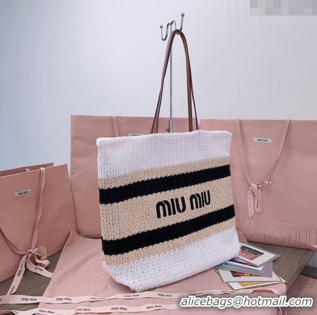 Cheapest Miu Miu Crochet Fabric Tote Bag 5BG228 White/Black 2025