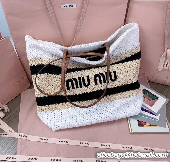 Cheapest Miu Miu Crochet Fabric Tote Bag 5BG228 White/Black 2025