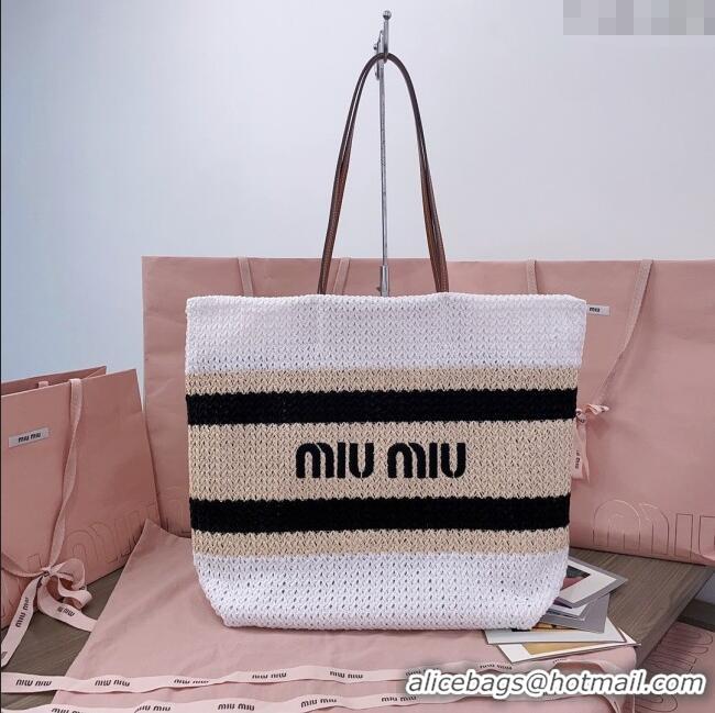 Cheapest Miu Miu Crochet Fabric Tote Bag 5BG228 White/Black 2025