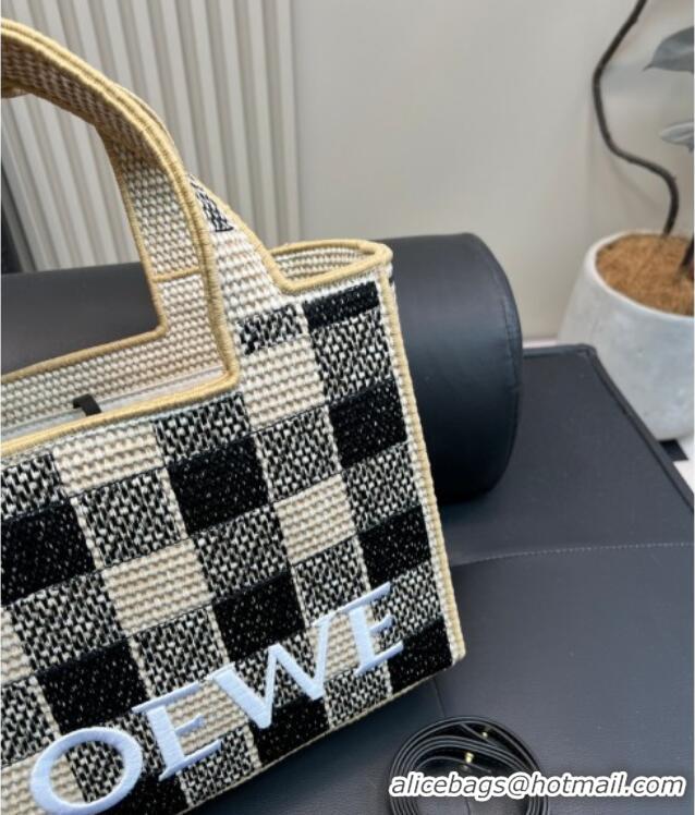 Best Product Loewe Medium Front Tote Bag in Check Straw 0723 Black 2025