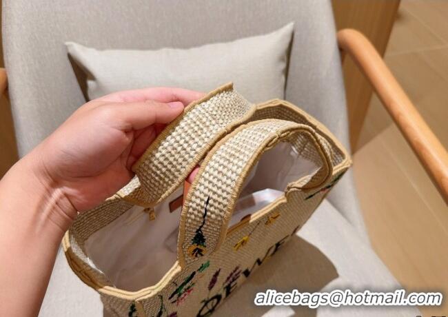 Top Design Loewe Medium Front Tote Bag in Straw Embroidery 0723 Beige 2025