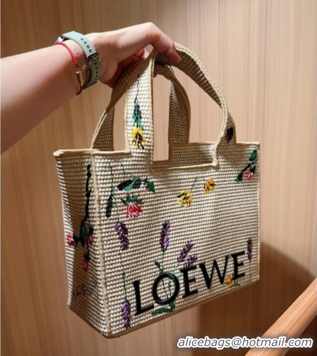Top Design Loewe Medium Front Tote Bag in Straw Embroidery 0723 Beige 2025