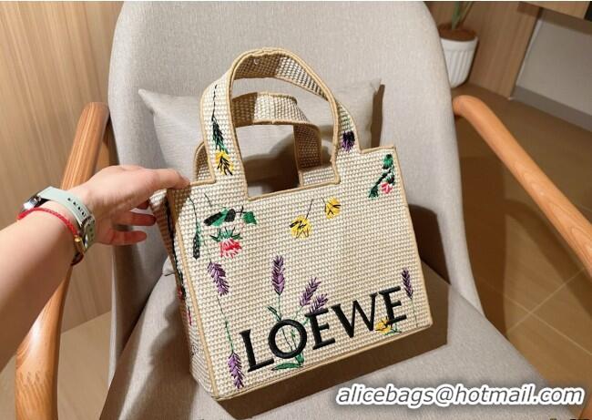 Top Design Loewe Medium Front Tote Bag in Straw Embroidery 0723 Beige 2025