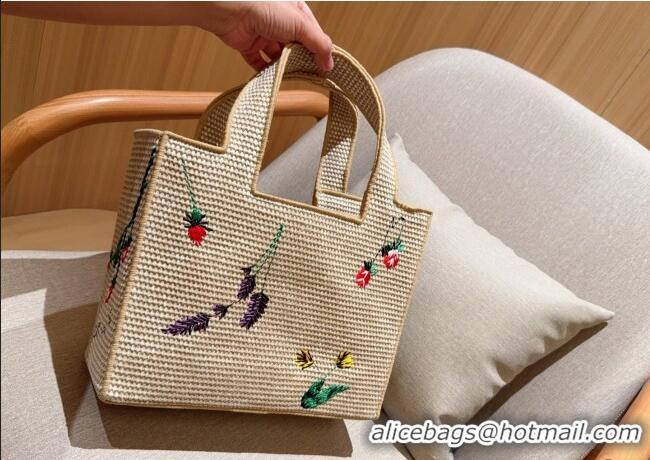Top Design Loewe Medium Front Tote Bag in Straw Embroidery 0723 Beige 2025
