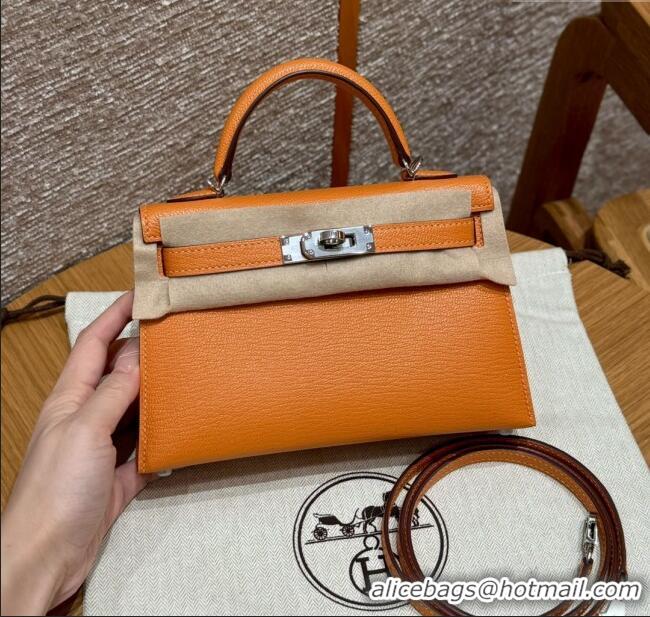 Most Popular Hermes Mini Kelly II Bag 19cm in Chèvre Leather 93/Classic H19 Orange/Silver 2025(Half-Handmade)