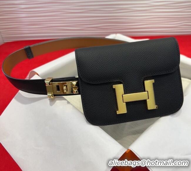 Discount Hermes Constance Slim Pouch Belt 2.4cm in Grained Calfskin with Studs Buckle H072401 Black 2025
