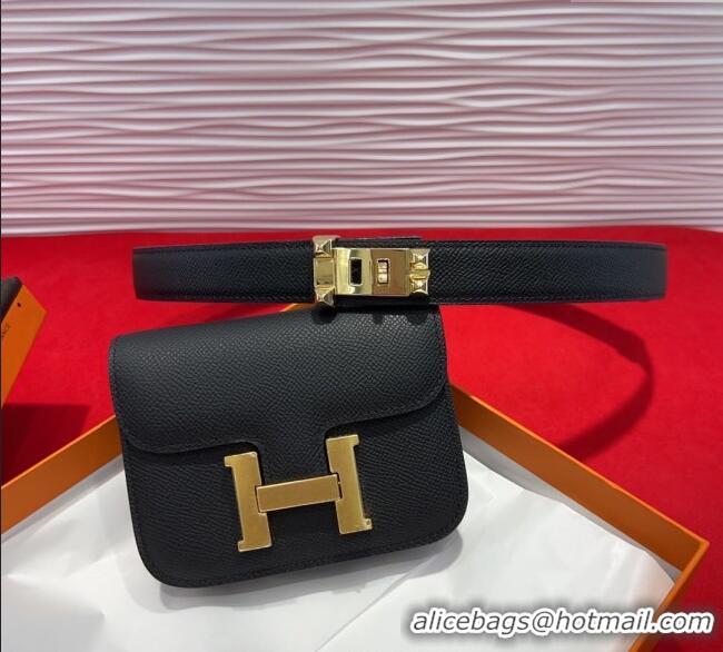 Discount Hermes Constance Slim Pouch Belt 2.4cm in Grained Calfskin with Studs Buckle H072401 Black 2025