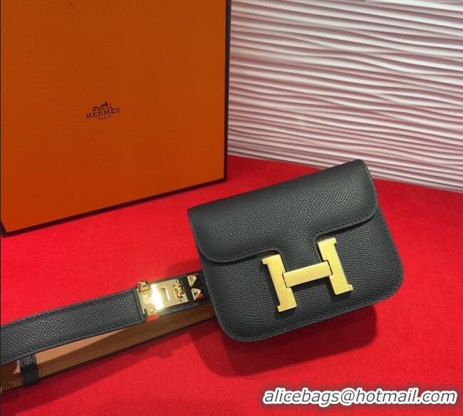 Discount Hermes Constance Slim Pouch Belt 2.4cm in Grained Calfskin with Studs Buckle H072401 Black 2025
