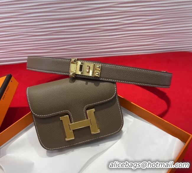 Best Product Hermes Constance Slim Pouch Belt 2.4cm in Grained Calfskin with Studs Buckle H072401 Grey 2025