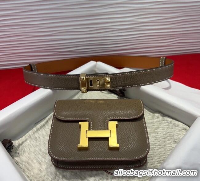 Best Product Hermes Constance Slim Pouch Belt 2.4cm in Grained Calfskin with Studs Buckle H072401 Grey 2025