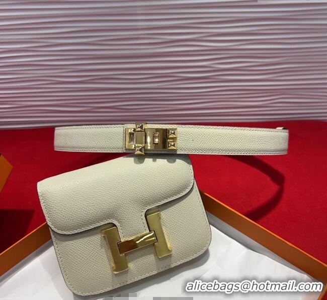 Cheap Price Hermes Constance Slim Pouch Belt 2.4cm in Grained Calfskin with Studs Buckle H072401 White 2025