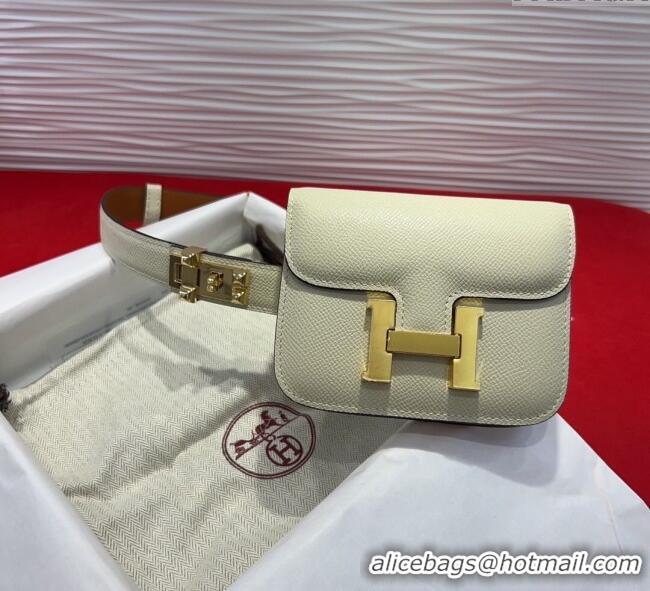 Cheap Price Hermes Constance Slim Pouch Belt 2.4cm in Grained Calfskin with Studs Buckle H072401 White 2025